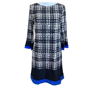 Eliza J Black White Blue Trim 3/4 Sleeve Shift Dress Size 6